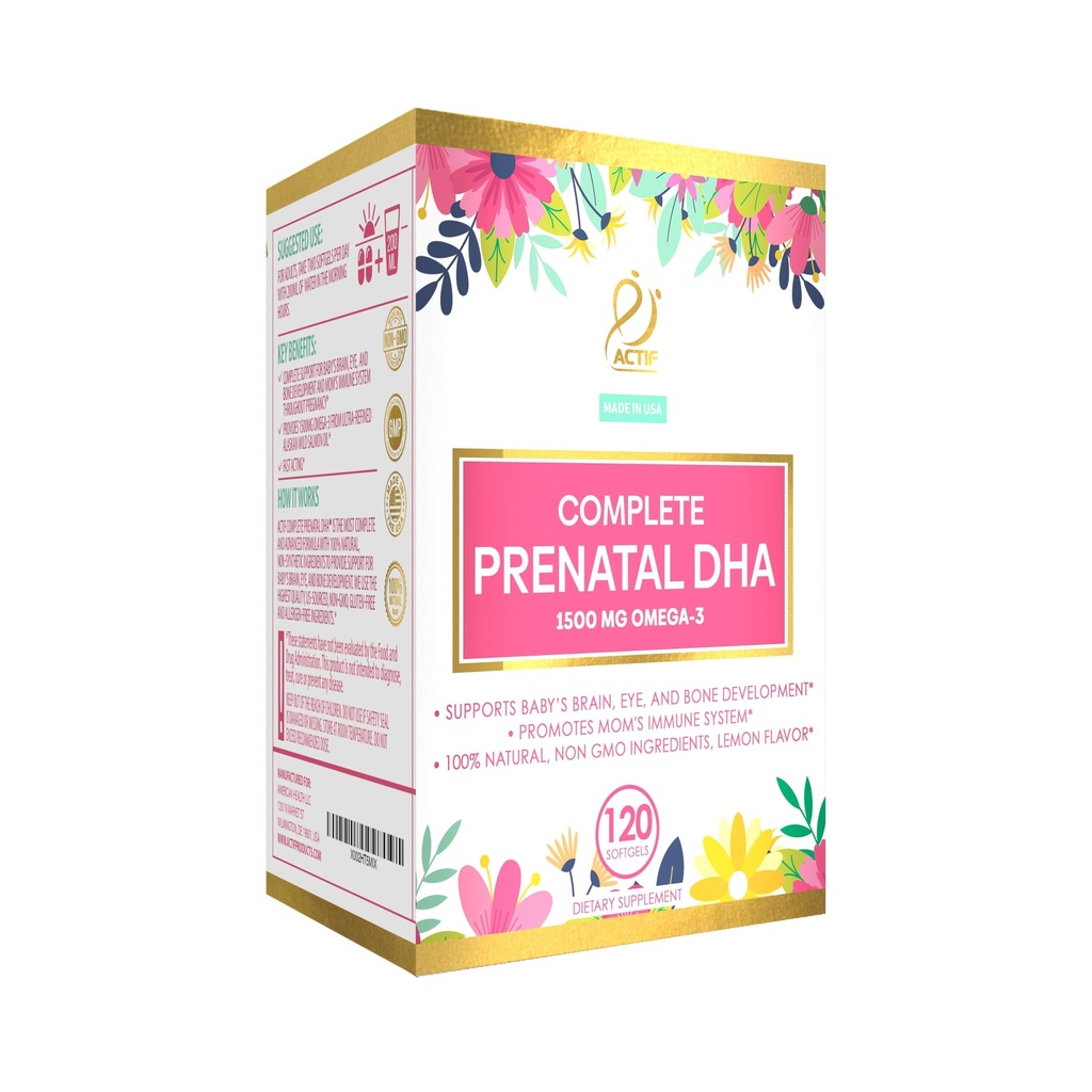 Actif 完整的产前DHA 含1500mg Omega-3,100%天然,有机DHA,EPA,Omega 3 - 非GMO,90 Gummies