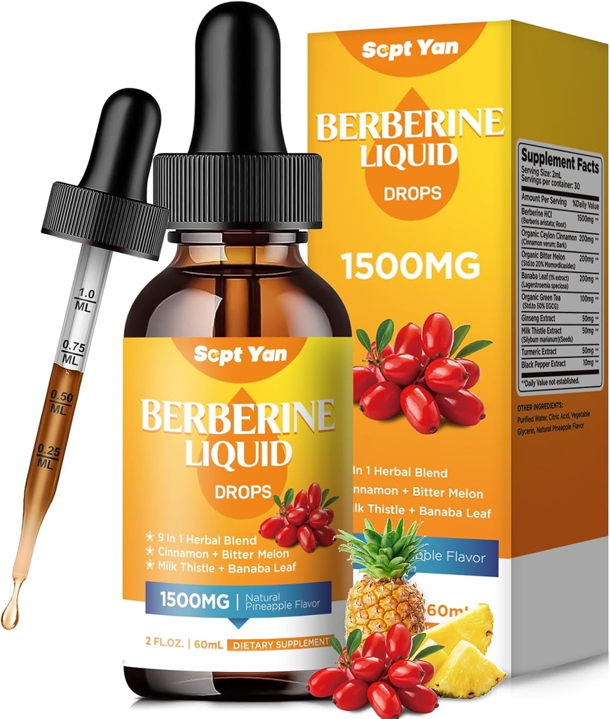 Berberine 补充液滴 1500mg 与锡兰锡桂,Bitter Melon, Banaba Leaf, Turmeric for Imune, Digestion system, 心脏支持,天然菠萝 Flavor, 2 Fl Ozr