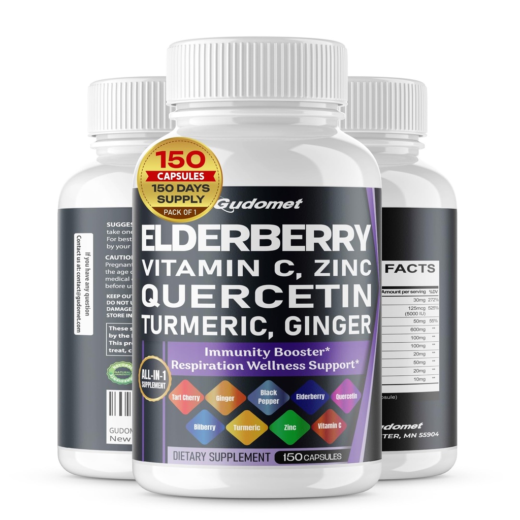 草莓 Quercetin Bilberry Turmeric Tart Cherry 生姜 维生素 C 维生素 D3 锌黑辣椒 - 150 Capsules - 在美国制造