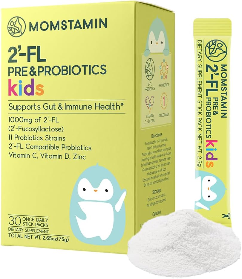 MOMSTAMIN 2'-FL Pre & Probiotics for Kids(4+): Gut Health + 免疫支持 + 消化补充 增强认知能力和睡眠质量 维生素C,D Zinc/Yogurt Flavored 30 棒 - 每日
