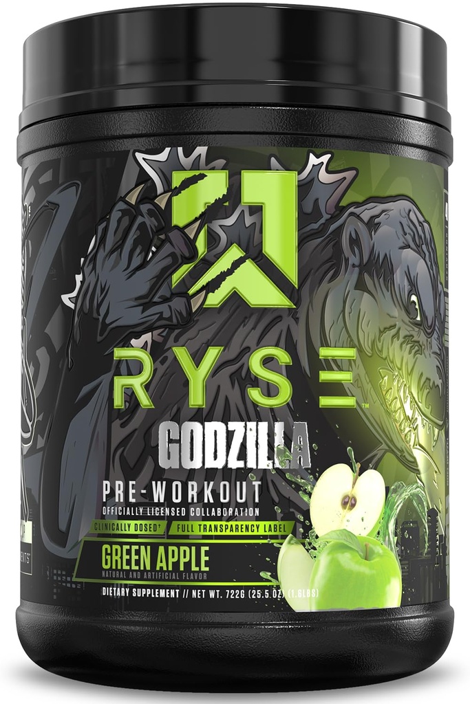 RYSE Godzilla X Noel Deyzel 预选工作粉 - 绿色苹果 - 400mg 咖啡因, 与Citrulline & Beta Alanine合作的男女高级预选工作 - 能源,泵和焦点 - 20/40 服务