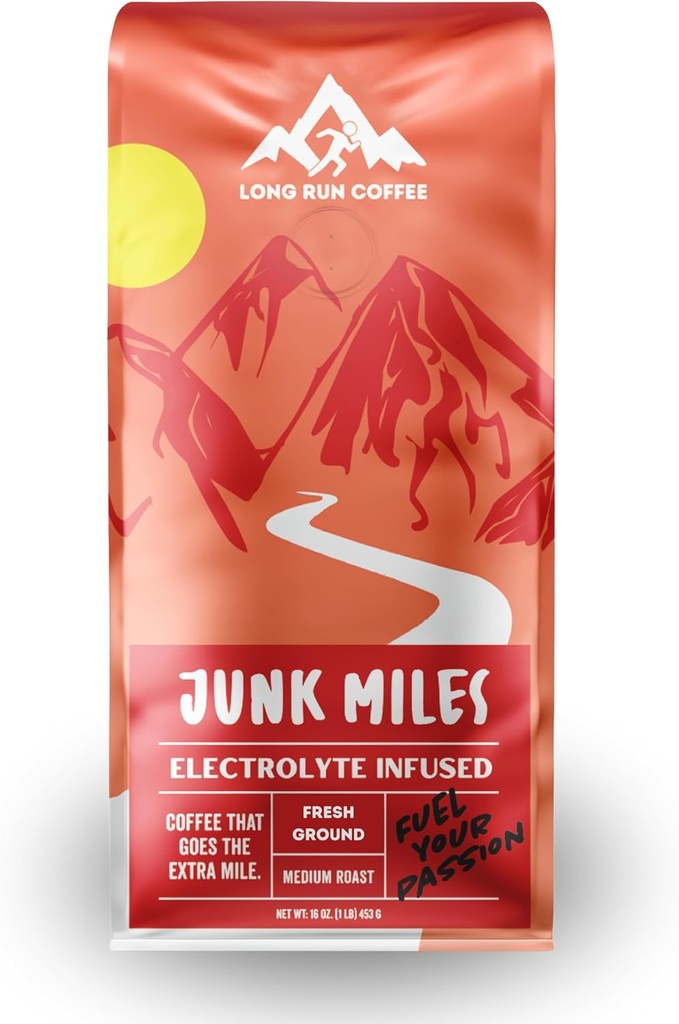 Junk Miles - 中度烤肉 - 注入电解质粉 - 运动员水分 - 奔跑者咖啡 - Keto电解质:钠、钙、镁、钾(Ground, 16 Oz)