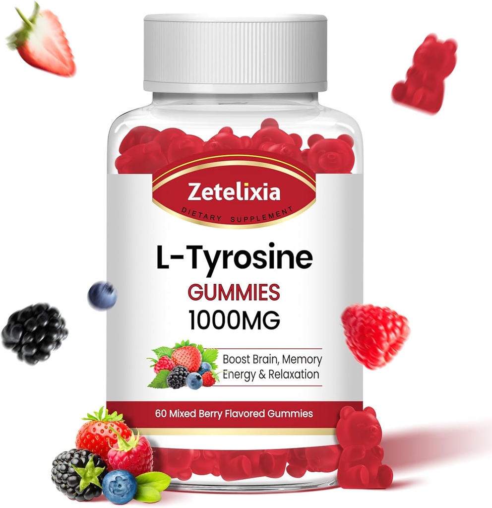 L Tyrosine Gummys 1000mg,L-Thenine Supplement Gummy 200mg,Sugar Free L-Tyrosine 配有维生素B6 成人与儿童能量补充剂 - Vegan(60 Counter)