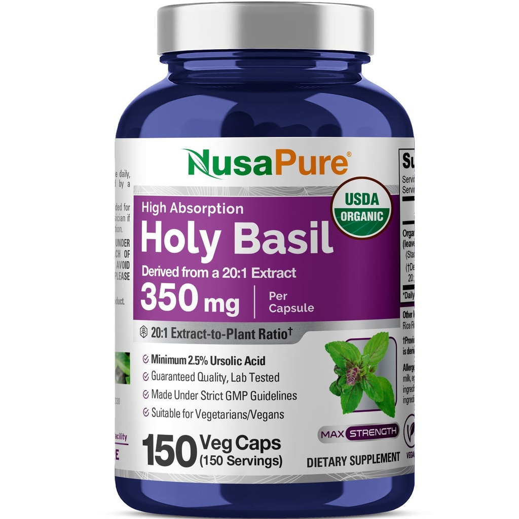 NusaPure USDA 有机圣巴西尔卡普勒斯 20:1 提取,350 mg 等效于 7000 mg → 150 Vegan Caps → Tulsi 圣巴西尔叶 提取 → 2.5% Usolic Acid → 非 GMO