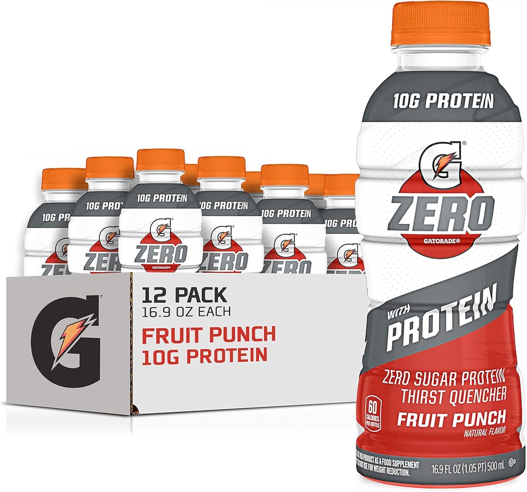 Gatorade Zero with protein, 10g Whey 蛋白质隔离剂, 零糖, 电解质, 水果冲刺, 16.9 Fl Oz, 12 Pack