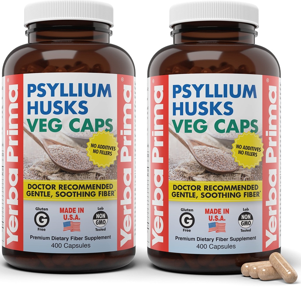 Yerba Prima Psyllium Husks Veg Caps, 400 Capsules (625mg) (Pack of 2) - 维冈, Non-GMO, Gluten Free, Colon Cleanser, 古特健康与规范的每日纤维补充剂