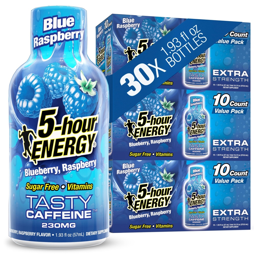 5-hour ENERGY BLUE RASPBERRY Flavor, 30 Count, 1.93 Fl Oz Energy Shot, Extra Strength, Amino Acids, B Vitamins, Sugar Free and Zero Calories