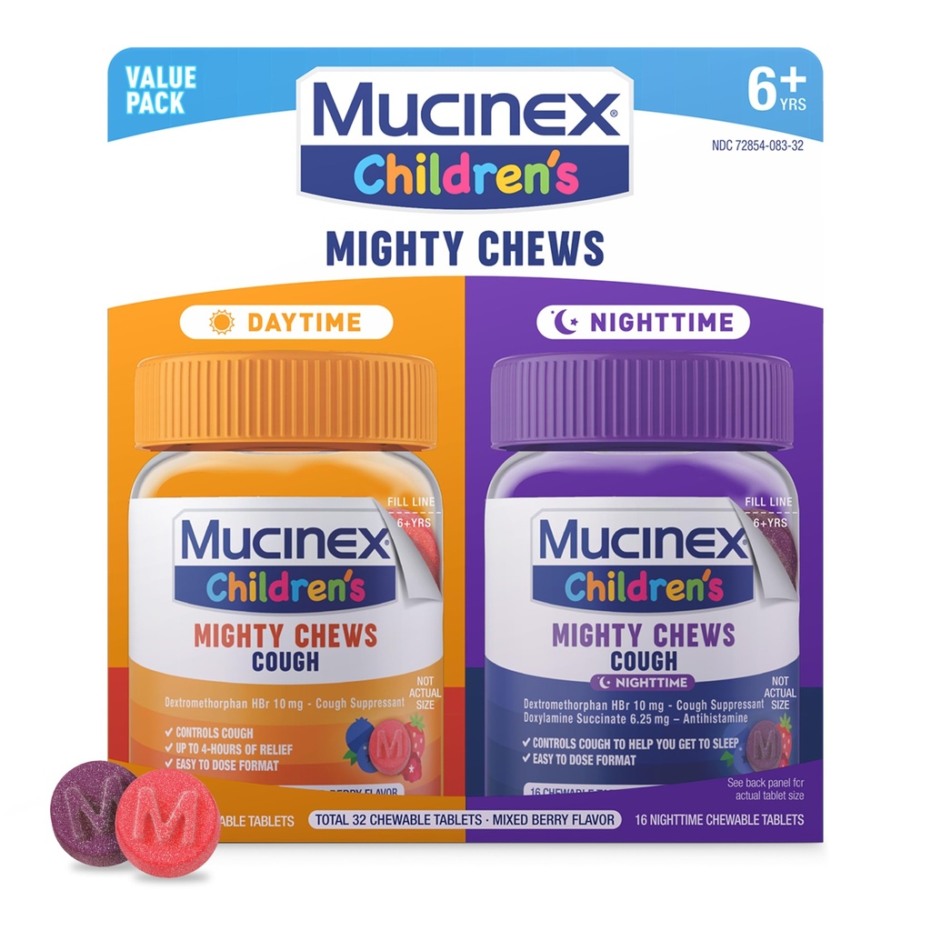 Mucinex 儿童威猛的厨师 儿童 咳嗽 日间和夜间 价值包, 易药 咳嗽抑制剂 儿童 Dexromethorphan, 混合莓 Flavor, 32 药剂 厨师餐具