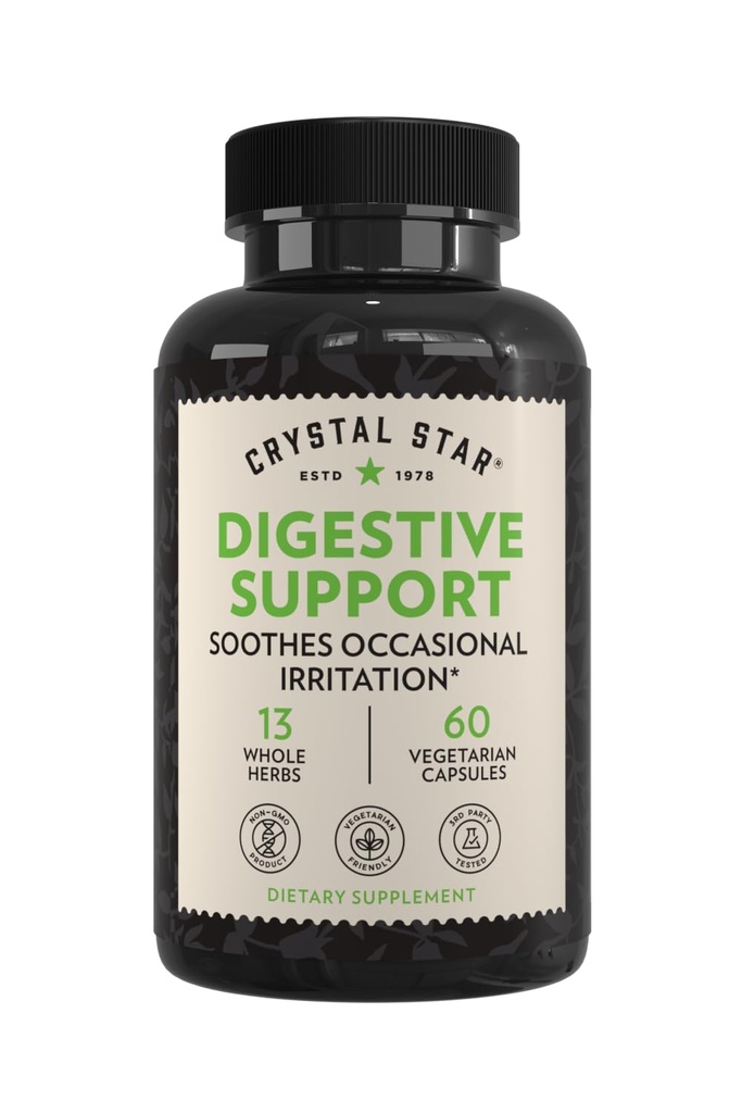 Crystal Star 消化支持补编(60 Capsules) - 草本植物古特健康补编 有助于偶发性气体和布洛廷 - Peppermint, Aloe Vera, Slipprey Elm & Ginger – 非 GMO