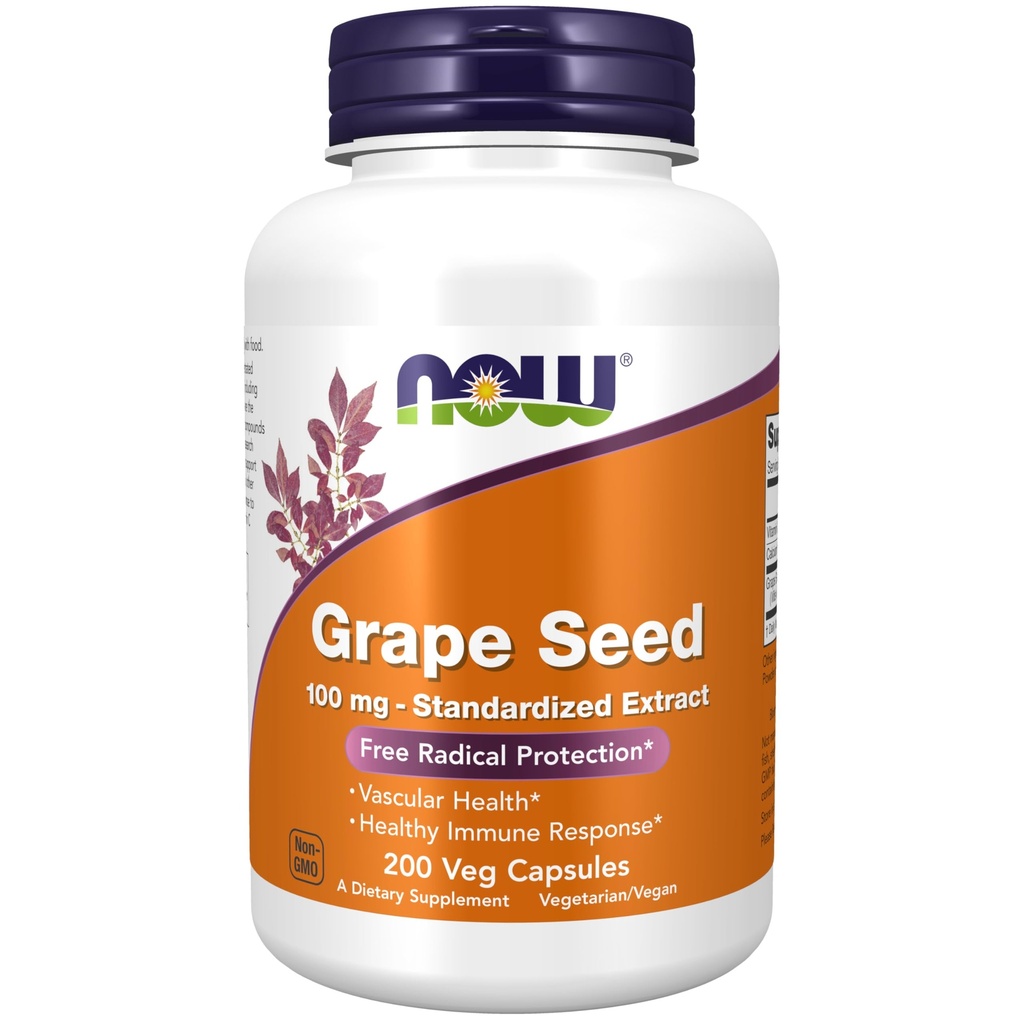 Now Foods Supplements, Grape种子100 mg - 标准化提取,高度集中提取,多酚含量至少达到90%,维生素C,200 Veg Capsules