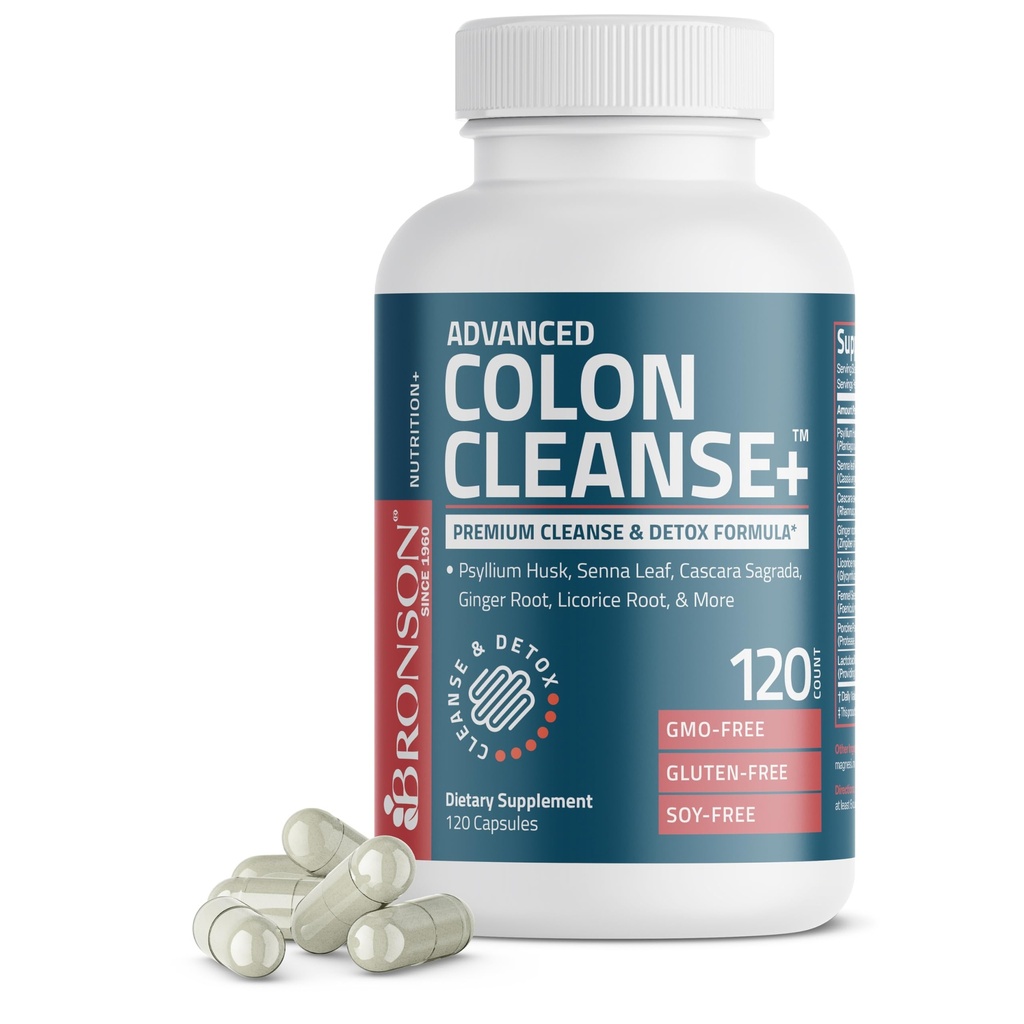 Bronson 高级 Colon 清洁剂 Premium 清洁剂和解毒剂配有 Psyllium Husk, Senna Leaf, Cascara Sagrada, Ginger Root, Licorice Root & More, Non-GMO, 120 Capsules