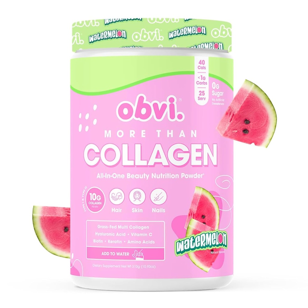 Obvi More Than Collagen Powder 支持健康头发,皮肤,钉子,关节,Gut QQ Grass-Fed 多层Collagen 配有 Hyaluronic Acid, Biotin, Keratin QQ 西瓜, 25种服务