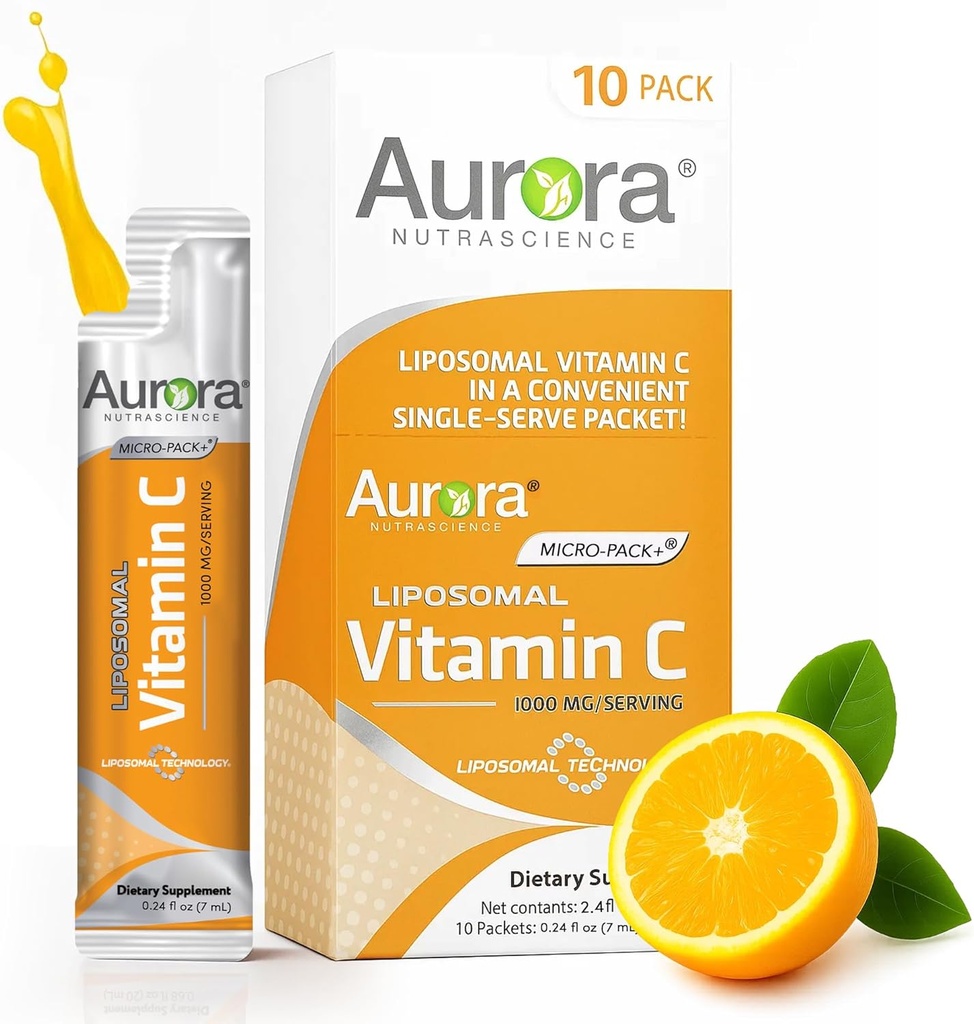 Aurora Nutrascience 微包 Liposomal 维生素C, 免疫支持, 1 000 mg per service, Vegan, Gluten Free, 非GMO, 10 单服务包, 橙色