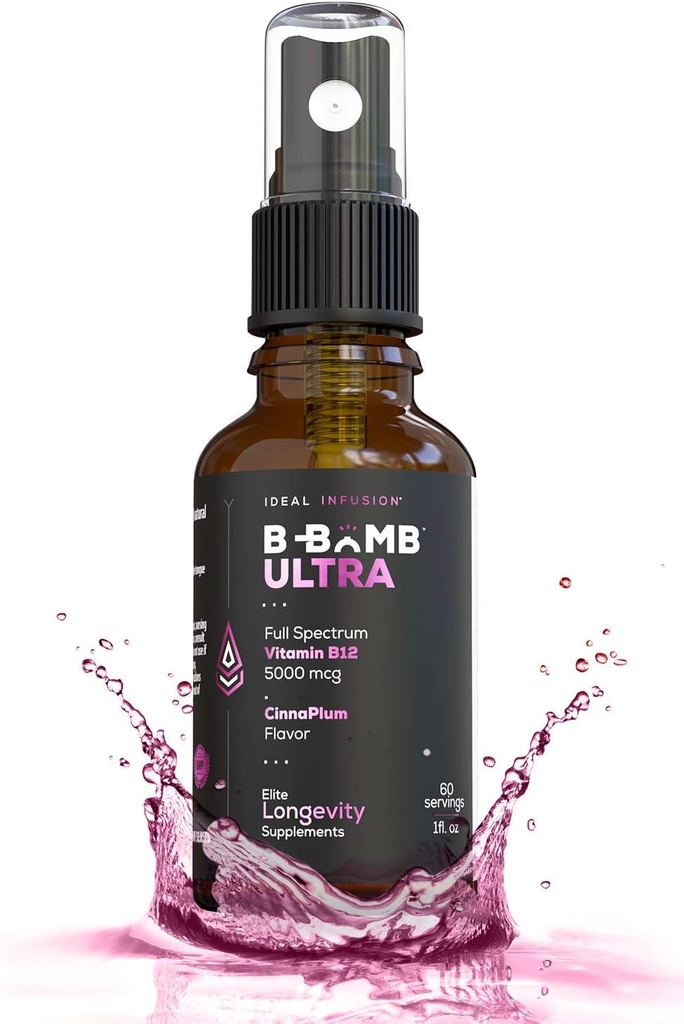 理想灌注 B-Bomb 三联 B12 维生素液体喷洒:甲基Cobalamin, Adenosylcobalamin, Hydroxocobalamin - 神经健康和能量促进剂- 5000 mcg, Keto, 无糖(有机肉桂)