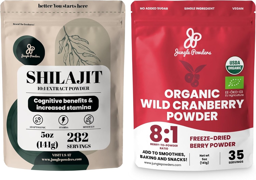 Junle Powers Ultimate Virtuality Bundle: 5oz Shilajit Powder & 5oz 有机野生黄莓粉 - 能源,免疫支持,供烧烤的超级食品提取,滑块,USDA认证