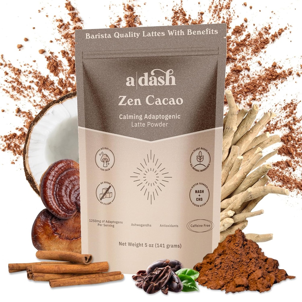 A Dash Zen Cacao Latte, 巧克力蘑菇咖啡替代剂, Ashwagandha, & 肉桂根提取剂, 蘑菇热可可, 无咖啡因(20种服务)