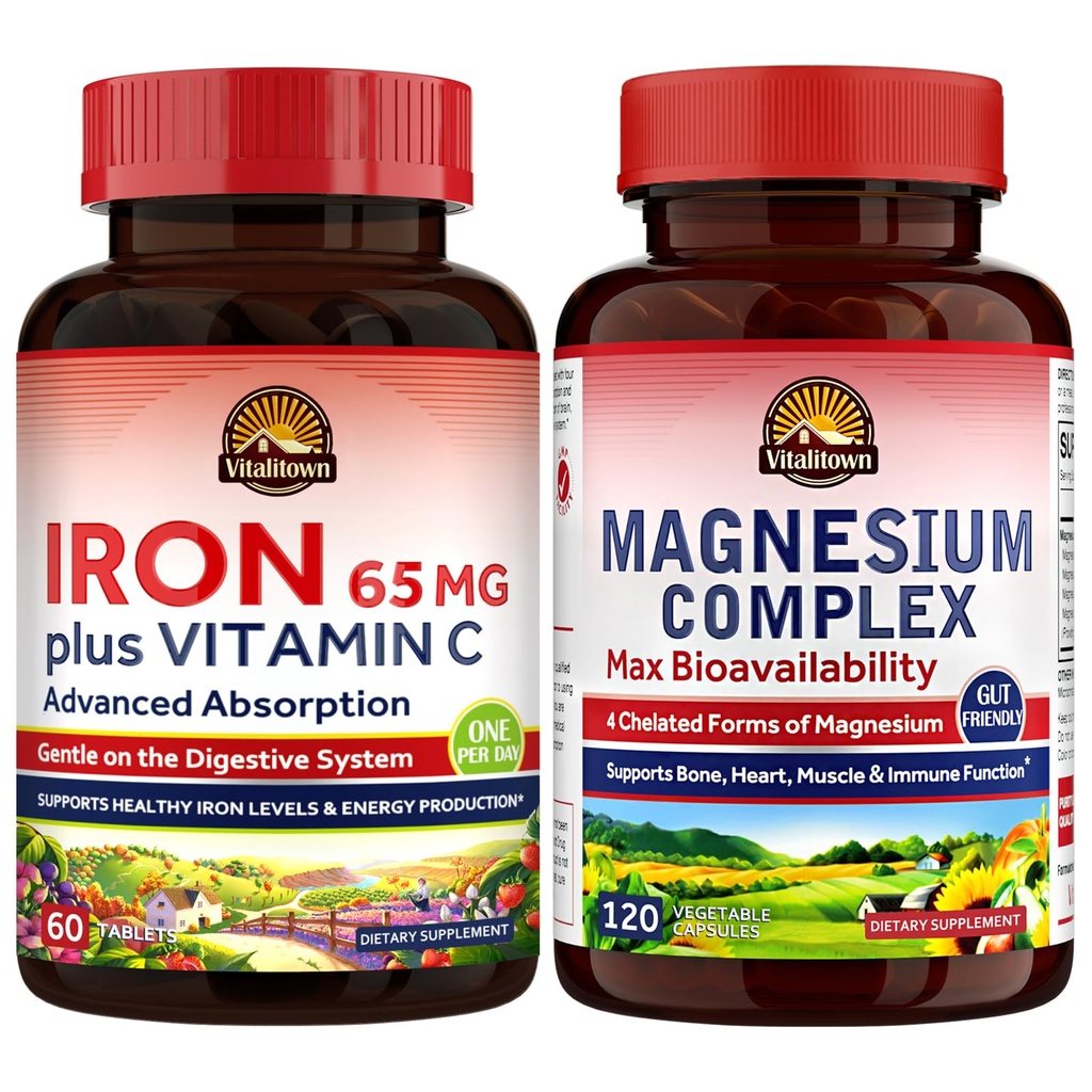 Vitalitown Magnesium Complex Supplement 500mg & 65mg 女性男子铁质补编,用于睡眠,肌肉,造血和能源改进