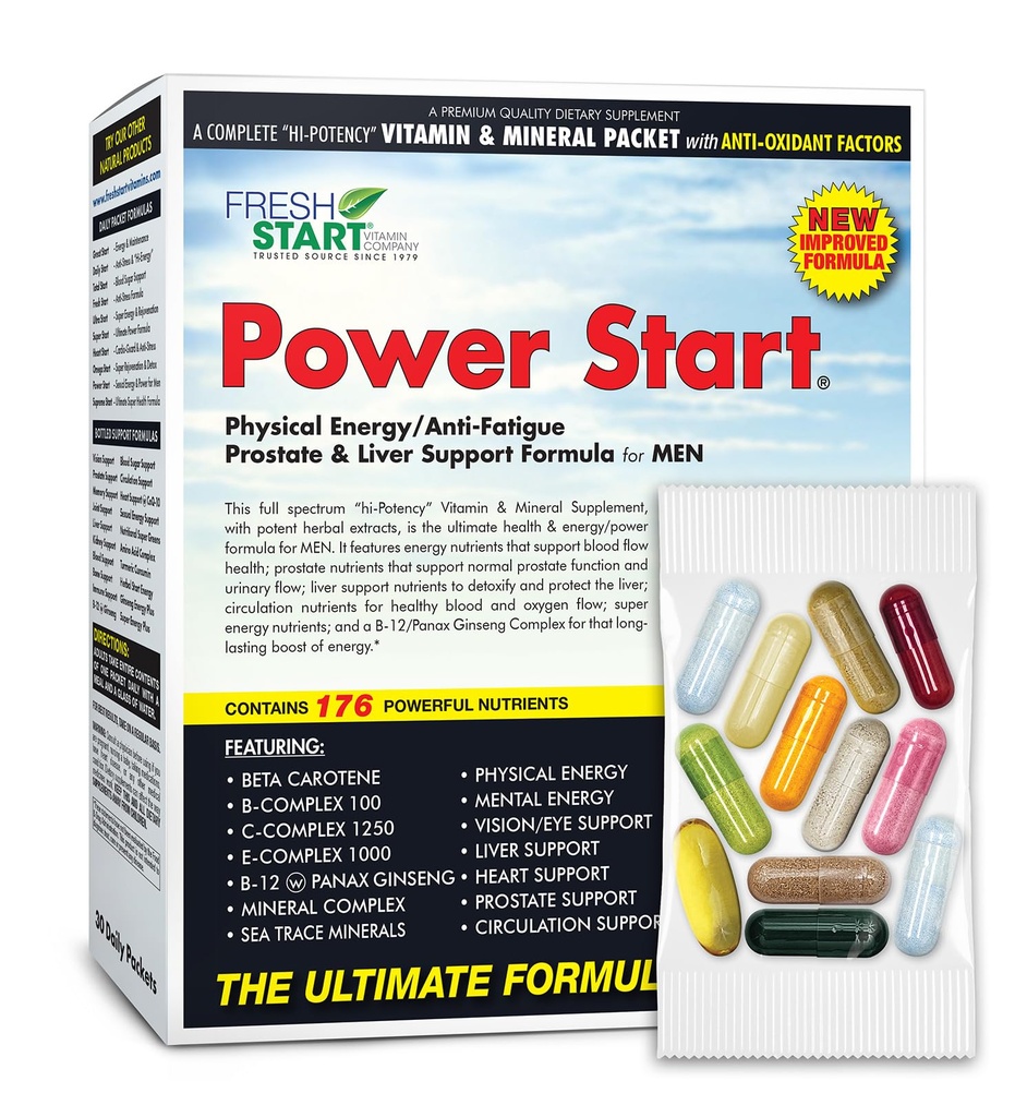 Power Start Complete Daily Vitamin Pack – 男子健康支持, 10X Energy & Stamina Booster – 维生素 A, B, C, D, E, B12, 矿物, Tribulus, Maca, Epimedium, Tongkat Ali (30 Packets)