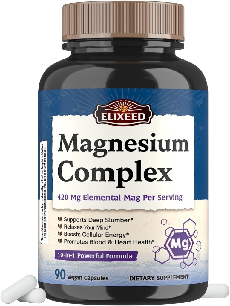 Chelated Magnesium Complex Supplement 960mg per service, 10种形式, 镁甘油酸盐, Citrate, Malate, Taulate & More, 支持睡眠和能源, 高吸收, 90 Vegan 盖