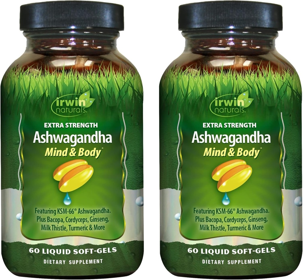 Irwin Naturals Extra Force Ashwagandha - 60 Liquid Soft-Gels - 帮助促进身体和精神性能 - 配有 Tumeric & Milk Thetle - 60 services