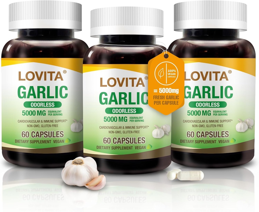 Lovita 无奥多力大蒜笼盖, 5000mg新鲜大蒜笼盖, 1.25% Allicin 提取, 支持心脏, 血压, 胆固醇和免疫系统, 非GMO, Gluten-Free, 180 Vegan Capsules