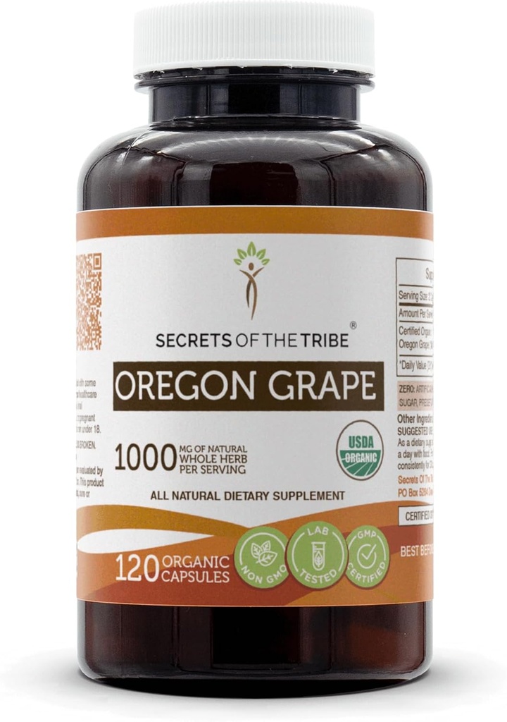 俄勒冈州葡萄部落的秘密 USDA Organization Capsules 认证的有机蔬菜 Capsules,草食补充 Mahonia aquifolium 干根(120计)