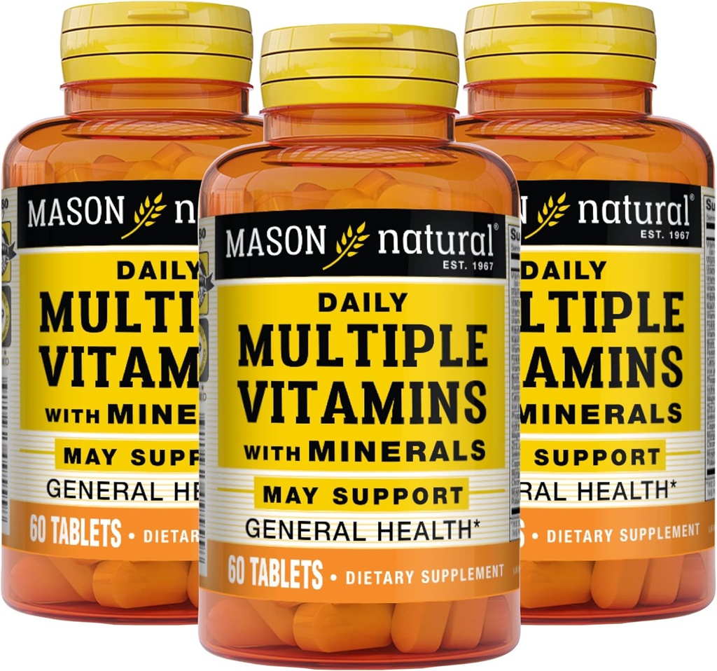 MASON NATURAL 每日多种维生素和矿物 -- -- 24种基本维生素和矿物,全部为一种多维生素,支持总体健康,60种药片(3包)