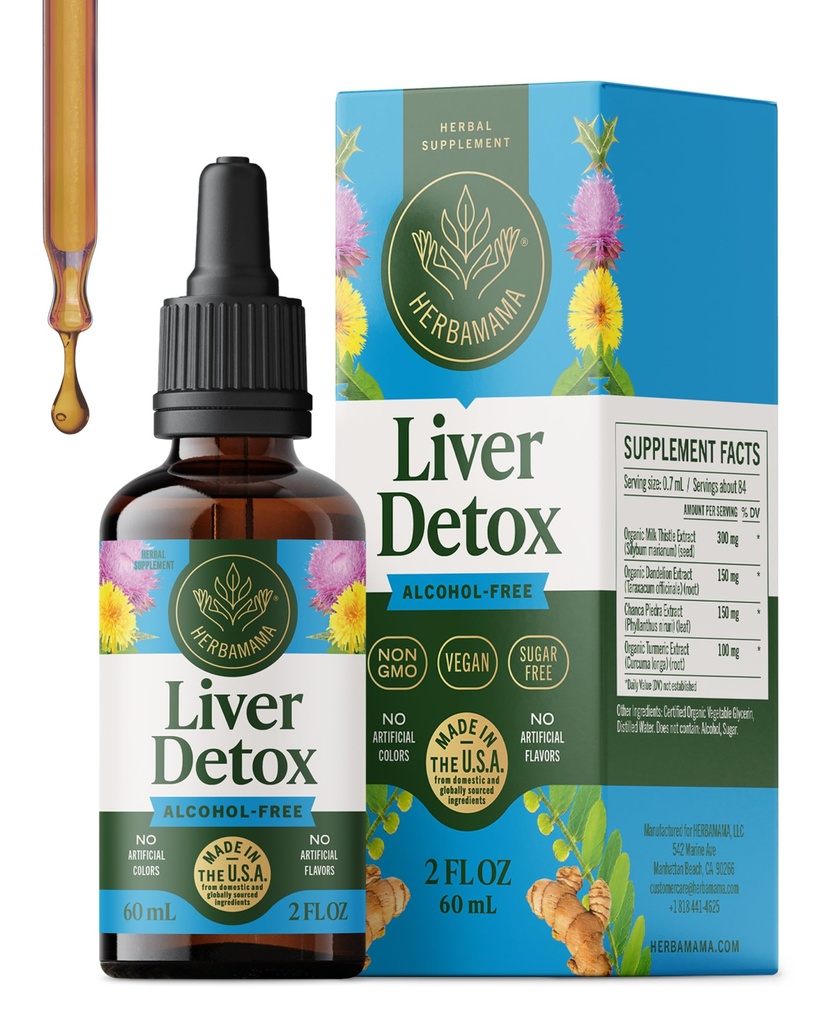 HERBAMAMA Liver Cleanse Detox & Reference - Liver Support Suppless - 配以牛奶 This的液滴, Dandelion Root & Chanca Piedra - 酒精和无糖液洗补充, 42日供应