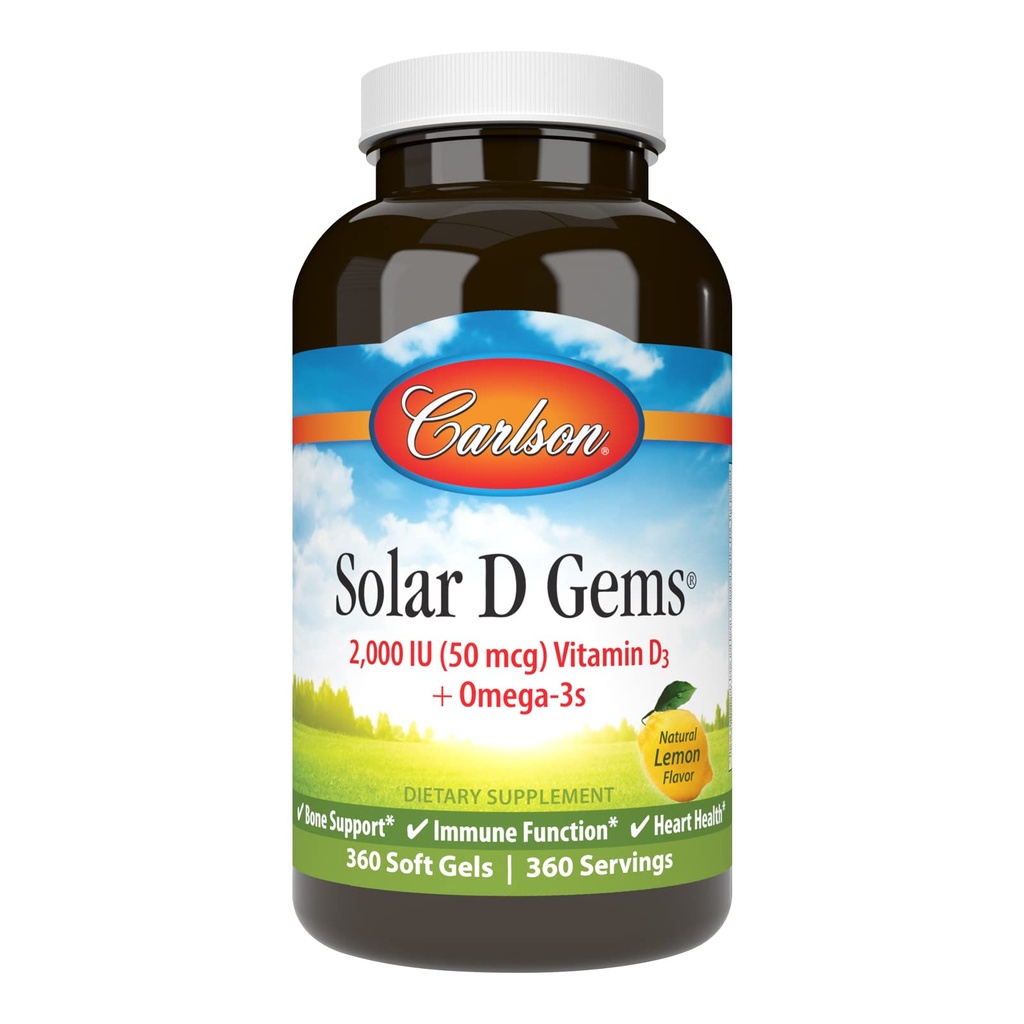 Carlson - Solar D Gems,维生素D3和Omega-3补编,2000年 IU(50 mcg)维生素D3,115 mg Omega-3s EPA和DHA补编,Wild Caught,可持续来源,柠檬,360软胶