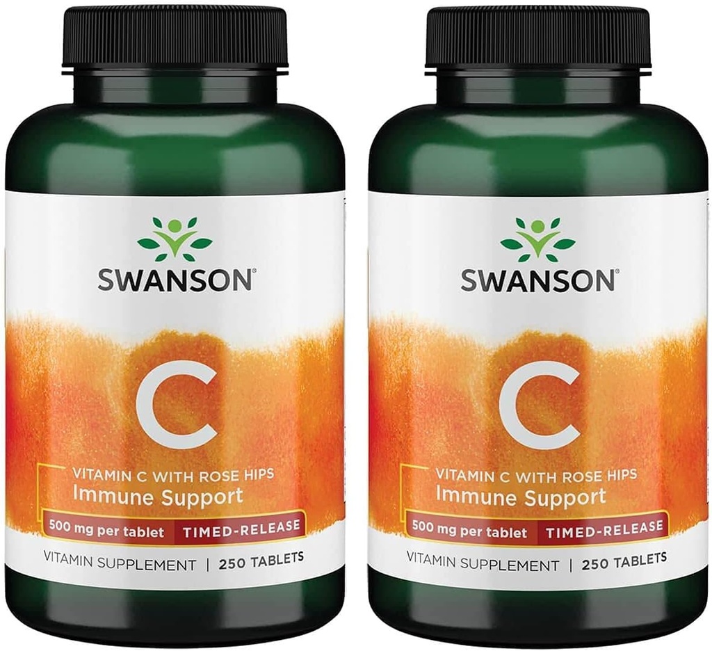 Swanson Timed-Release Vitamin C 配有玫瑰HIPS Immune系统 支持皮肤心血管健康 抗氧化剂 补充500 mg 250 片剂(2包)