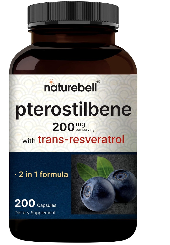 Pterostilbene 与 98% 的 Trans-Resveratrol, 200 mg per service, 200 Capsules 天然来源于野生蓝莓 – 抗氧化剂 健康衰老支持 – 非 GMO