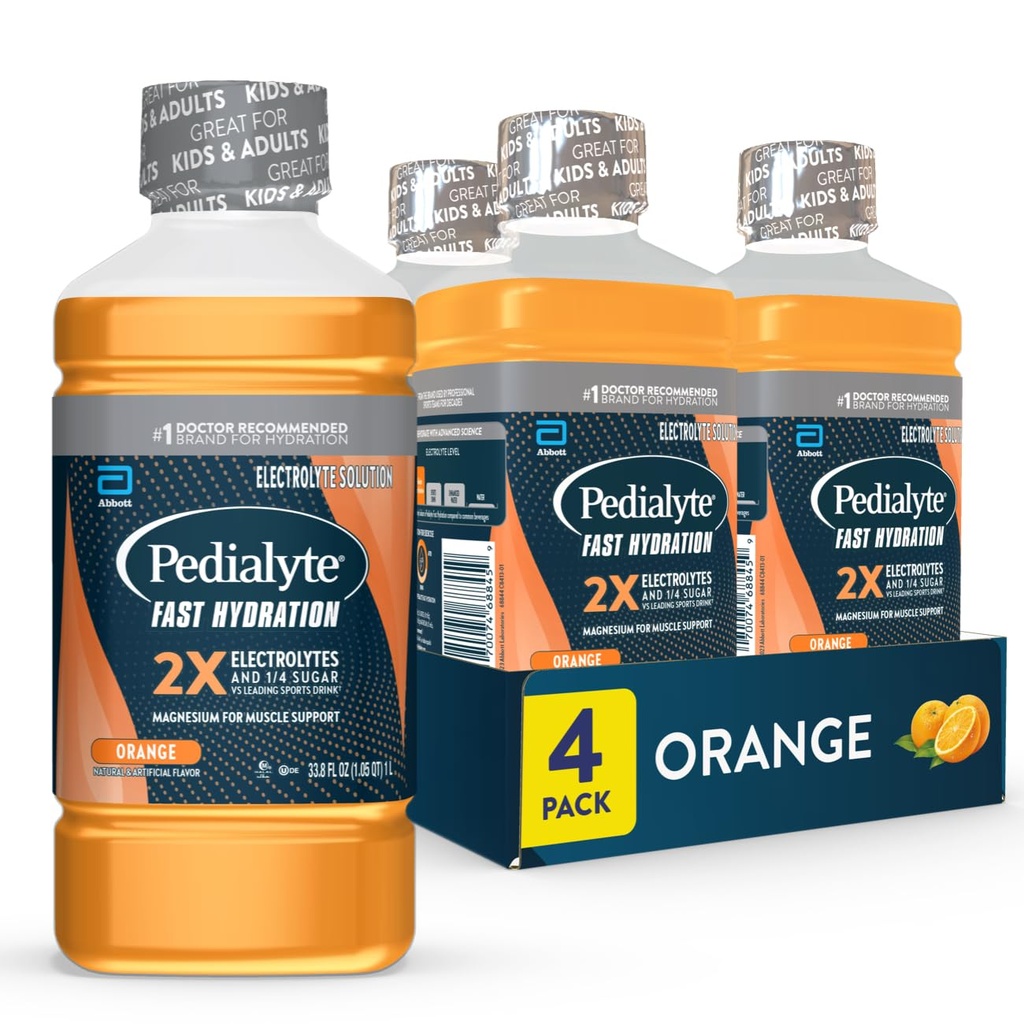 Pedialyte快水解 电解溶液 橙色 水解饮料 33.8 Fl Oz (Pack of 4)
