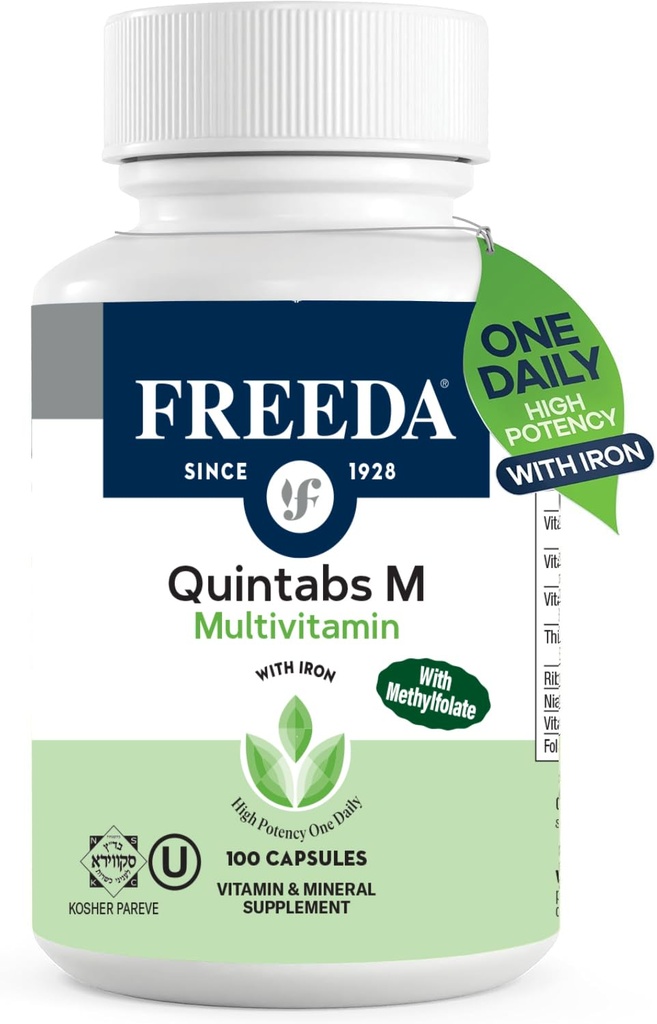 FREEDA 多维他明 – Quintabs-M 配铁 – Kosher 多维他明 女性健康补充剂 - 多维他明 女性和无铁 男性 成人 多维他明 (100)