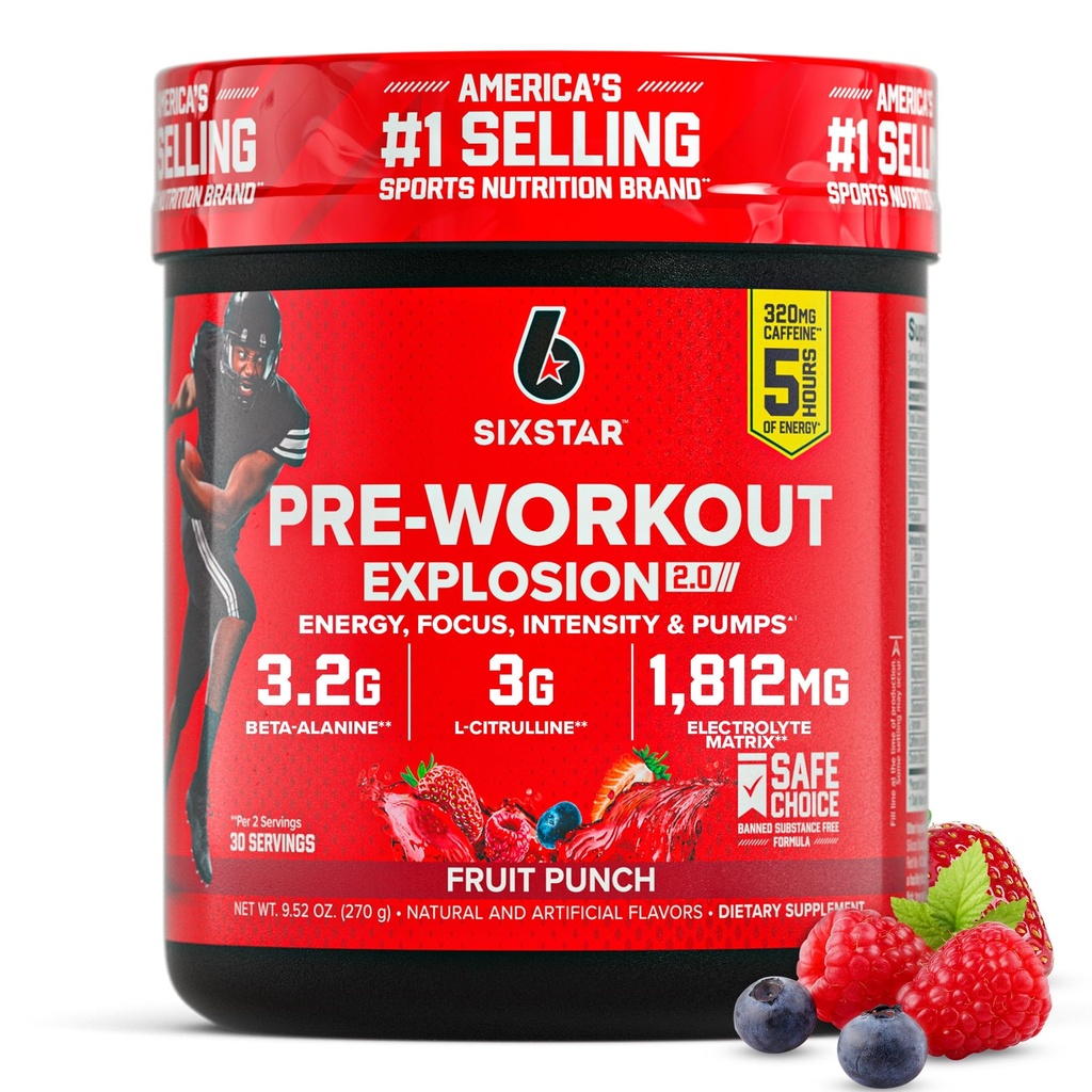 Six Star Pre-Workout Powder for Men & Women, Fruit Punch (30 Servings) - Preworkout Explosion 2.0 Energy Powder Drink Mix with Beta-Alanine & Caffeine - Sports Nutrition Supplement Products