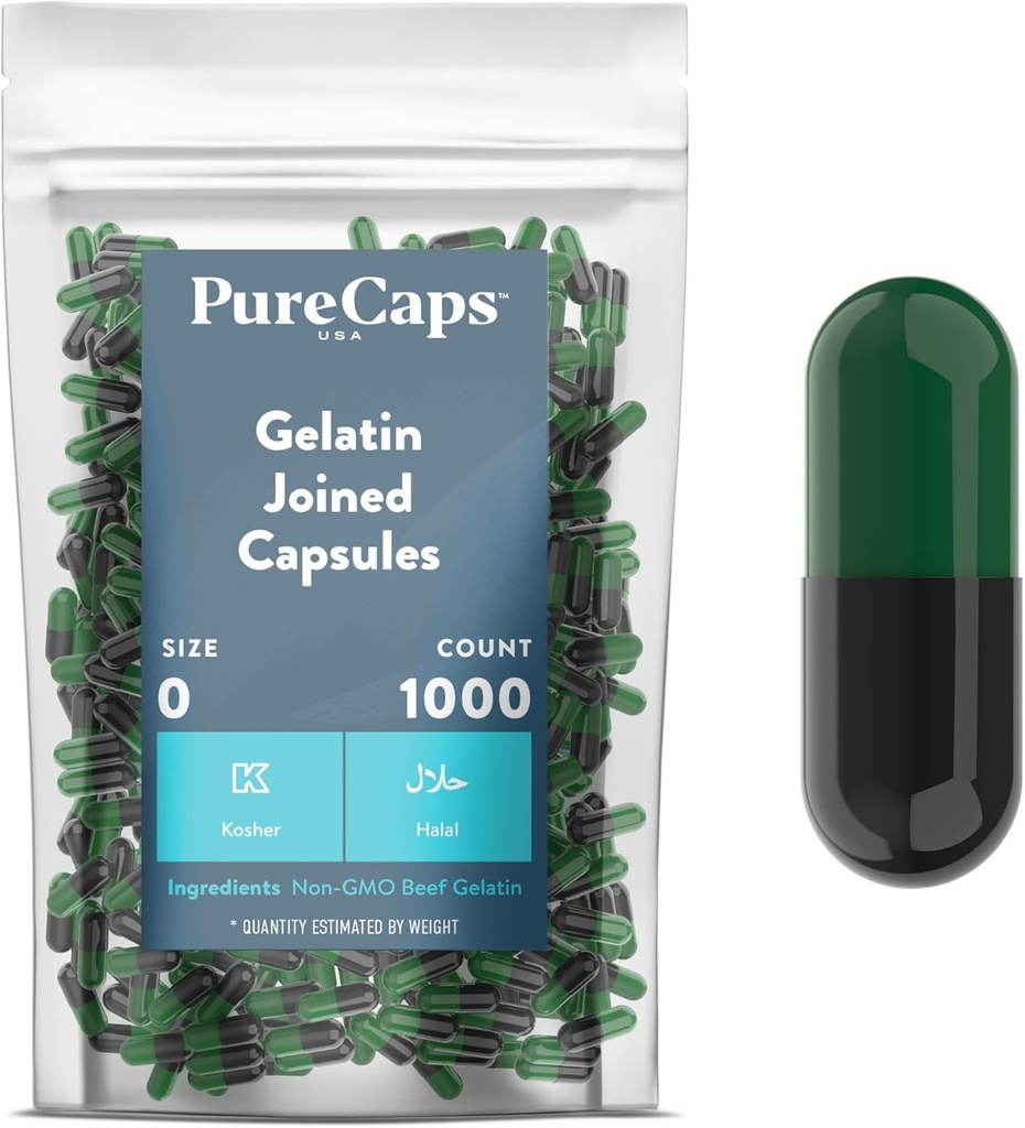 纯Caps USA - 空 Gelatin Capsules 大小 0| 1000 加入 Pills| 绿色/ Black| 非 GMO 认证 | SLS, Gluten, 防腐自由