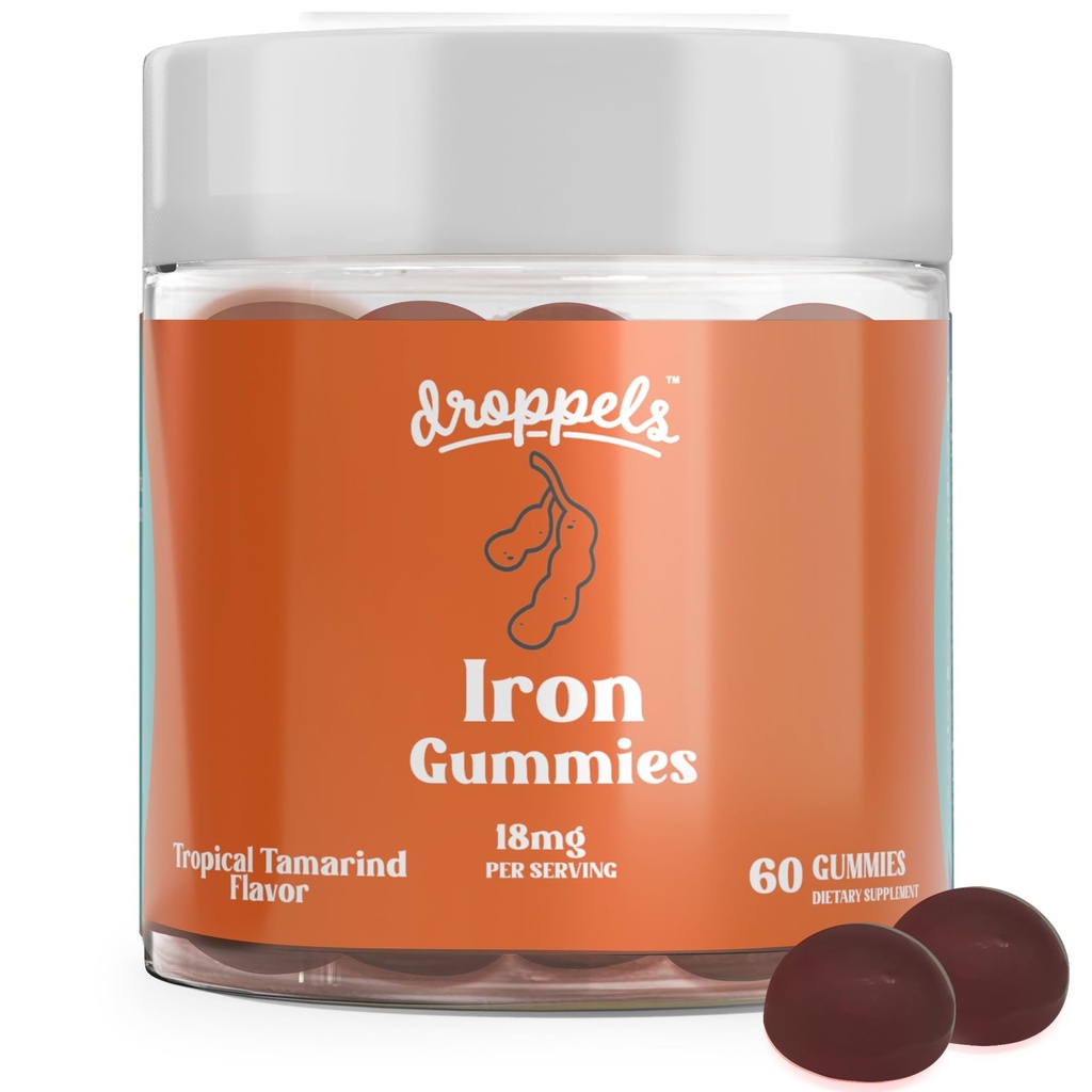 Droppels Iron Gummys 18mg for Women and Men – Vegan 厂制铁辅料 – 支持能源与血液健康 – Pectin 基于,非GMO,Gluten & Gelatin Free – Tamarind Flavor, 60 Counter