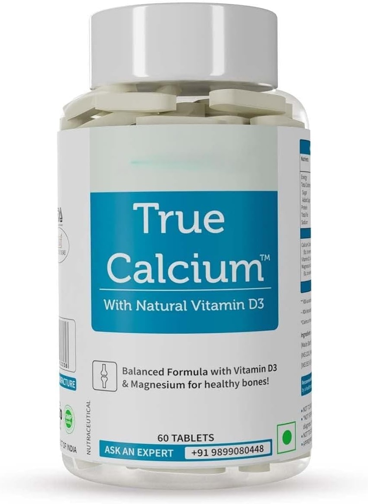 Calcium 1000mg Supplement for Men & Women with Plant Based Vitamin D3 & Natural Magnesium for Healthy Joints - 60 Vegan Tablets