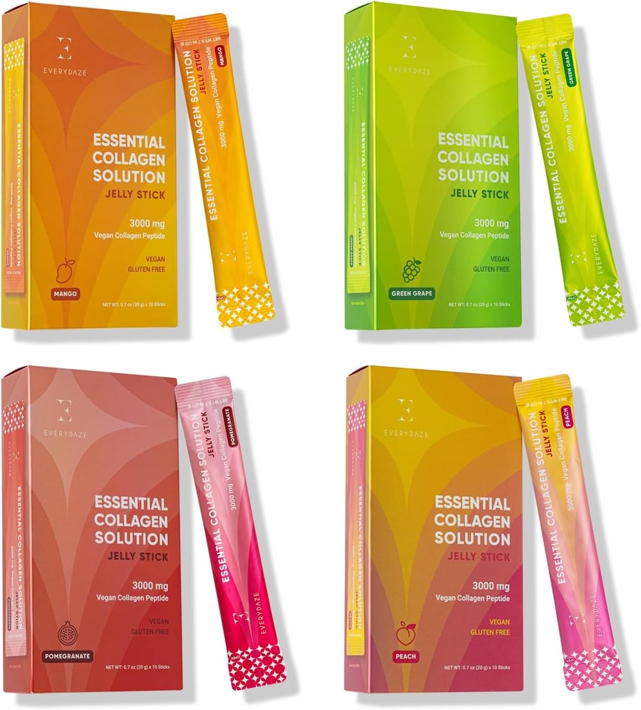 EveryYDAZE 基本凝胶溶液 Jelly Stick | 40 Variety Pack each桃,芒果,绿葡萄,Pomegranate | Vegan Collagen Peptide 补充 |头发,皮肤,钉子,骨质健康 男与女