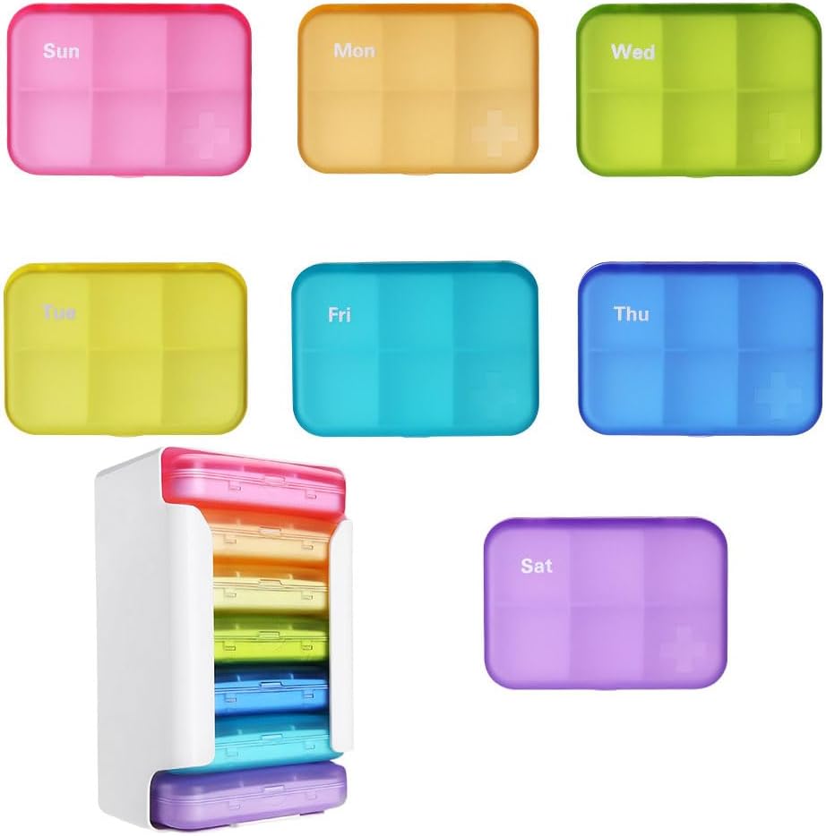 7 Piece Set Pill Organizer 6 Times a Day, Weekly Pill Case, Pill Organizer with Labels, Travel Pill Dispenser 7 Day with 42 Copartments for Medication/Vitamin/Fish Oil/Supplements - Rainbow Colors