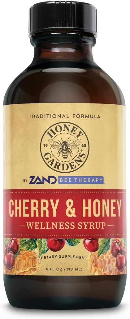 Honey Gardens Cherry & Honey Soothing Throat Syrup, 与有机Raw Honey的辅助疗法公式, 有机苹果苹果苹果醋, 黑樱桃, 和草药提取器, 24 services, 4 FL. OZ.
