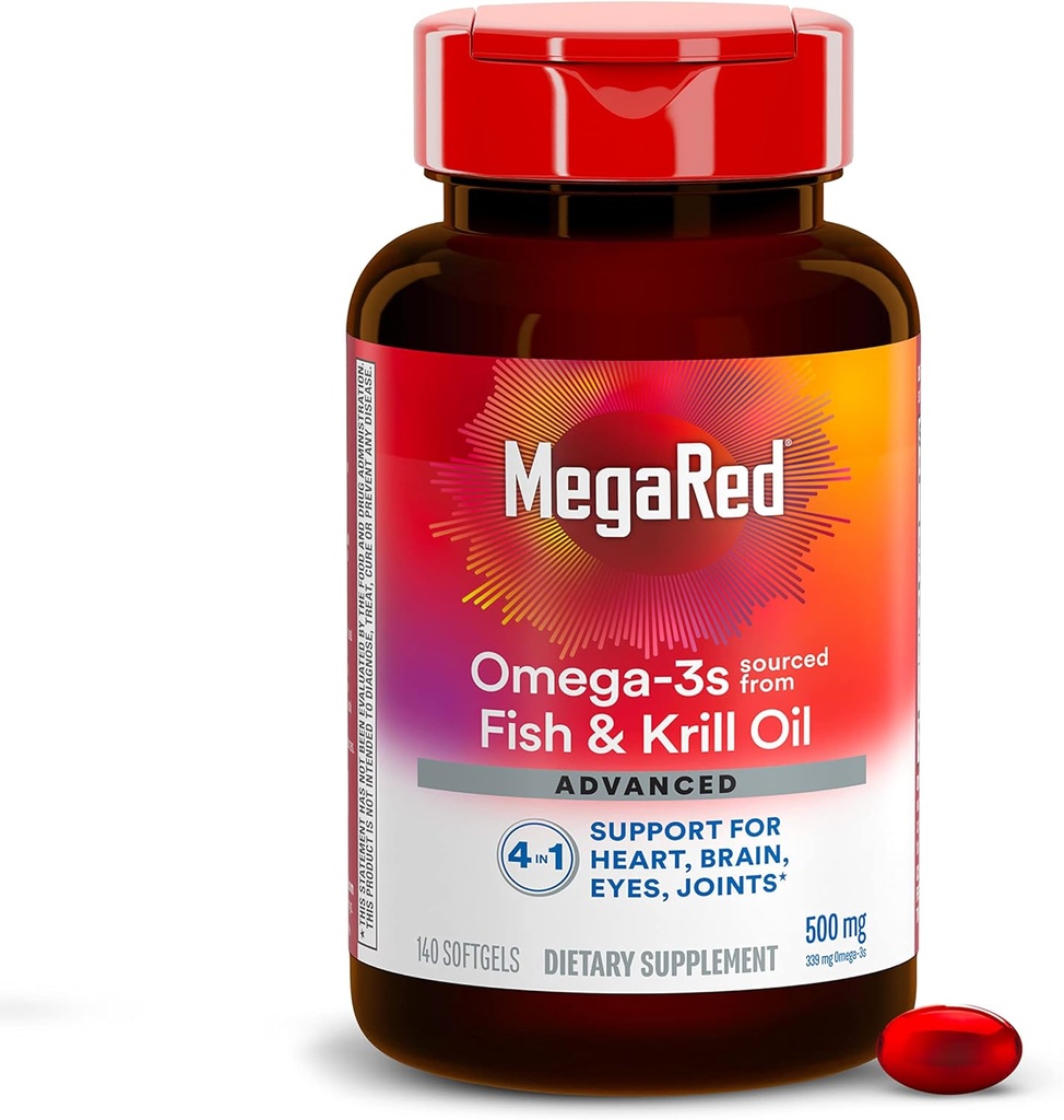 MegaRed Omega 3 鱼油补充剂 + Krill Oil 500mg,高级4in1 EPA & DHA Omega 3 脂肪酸软胶(140cnt瓶),磷脂,支持脑眼联合和心脏健康