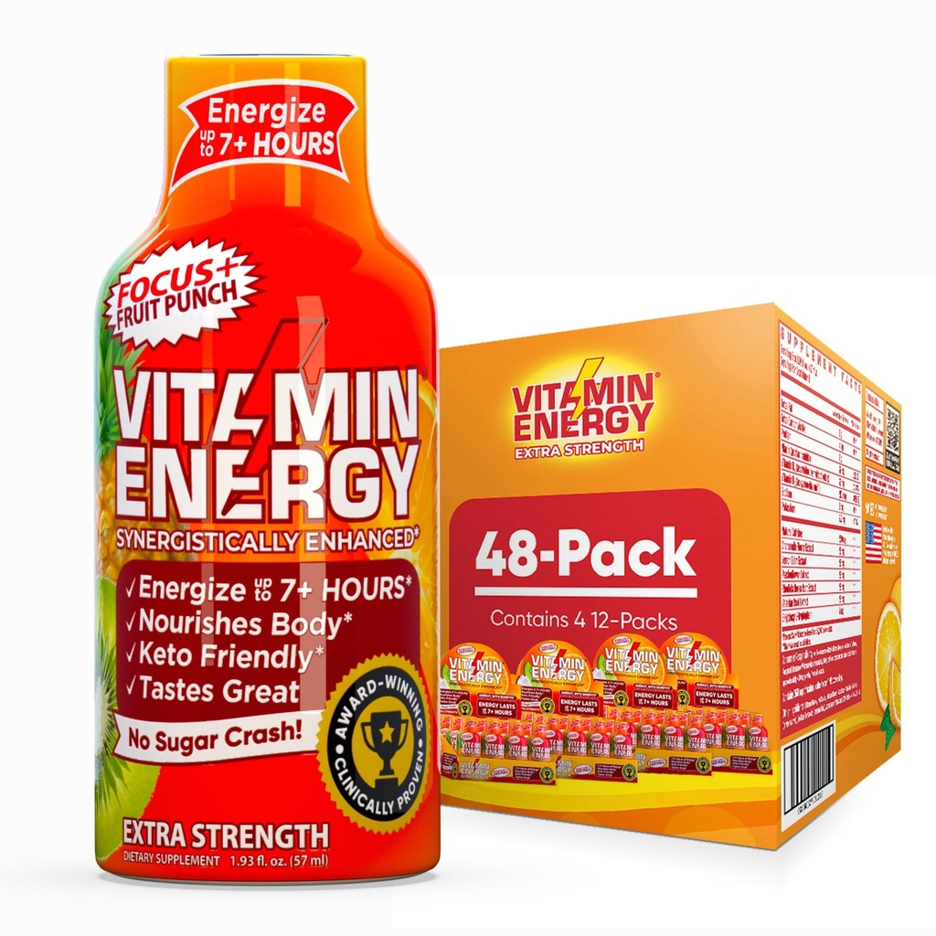Vitamin Energy Focus+ Extra Strength Energy Shot Fruit Punch 48 Pack, 260mg Natural Caffeine, B-Vitamins, CoQ10, Amino Acids, Focus, Productivity & Clarity, Zero Sugar, Gluten-Free, 1.93 fl oz