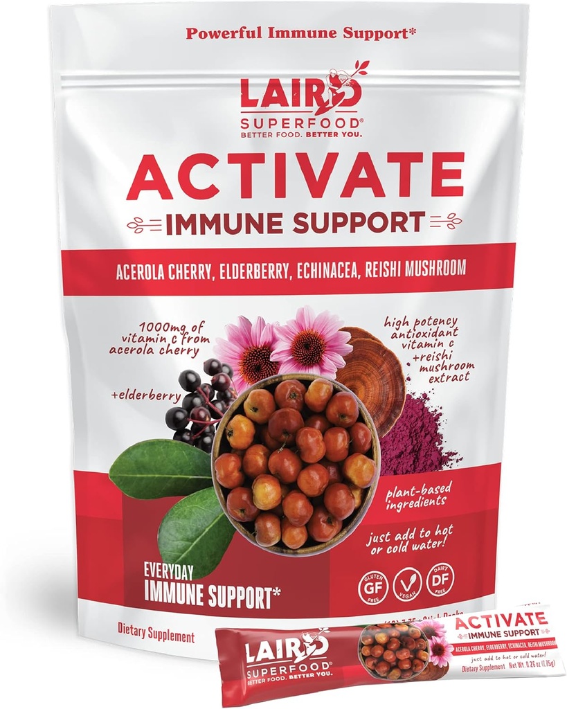 Laird Superfood Activate Immune 支持粉末饮料补充剂,来自Acerola Cherry,Merderberry,Echinacea和Reishi蘑菇的1000毫克维生素C,7.75克棒,包装10