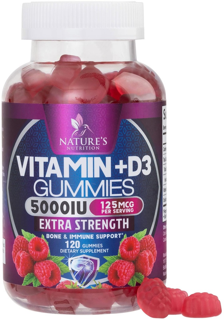 维生素D3 补充Gummy 5000 IU(125 mcg) 男女膳食维生素D - 骨、齿、肌肉和免疫健康支持,高概率VIT D3 自然的非GMO和Gluten免费 - 120 Gummies