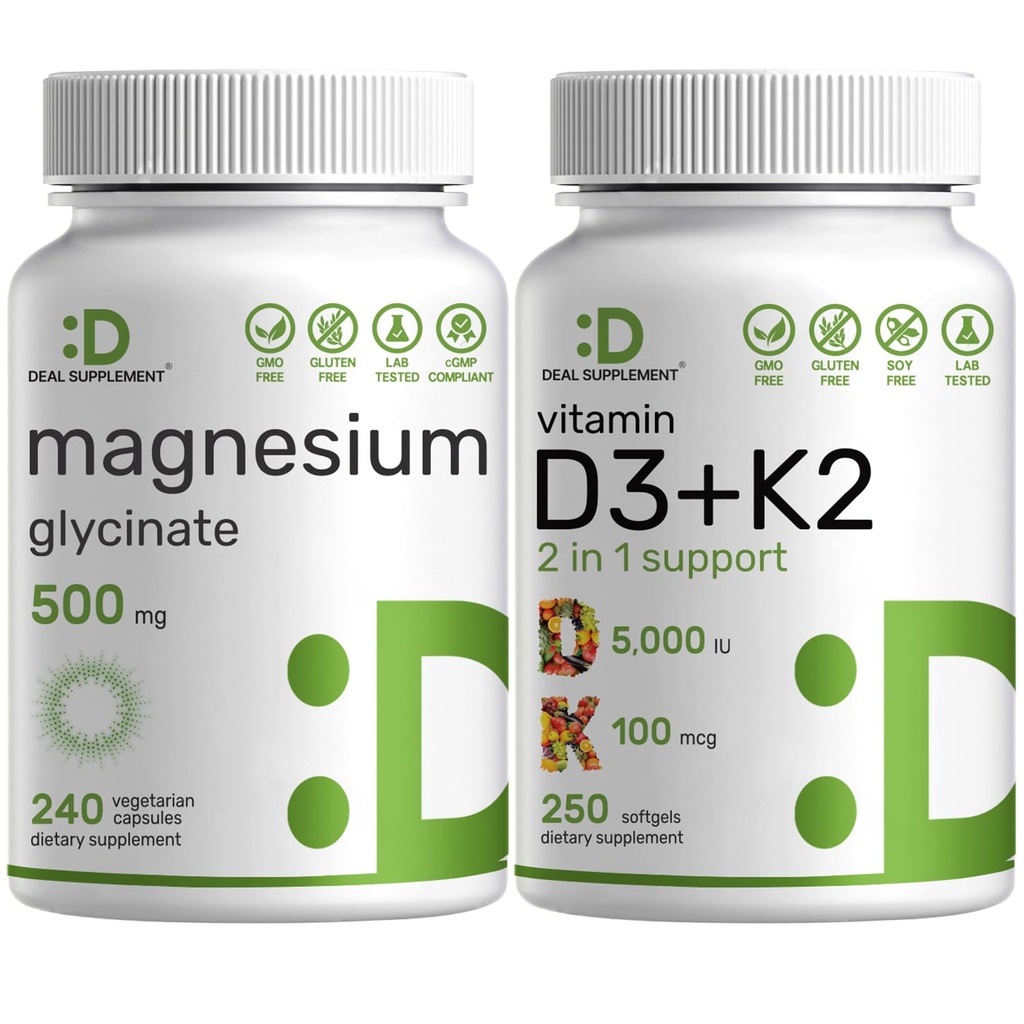 甘油镁500mg Veggie Capsules & Vitamin D3 5000iu + K2 100mcg 软胶桶 — 易吸收切合矿物 — D & K 基本阳光维生素
