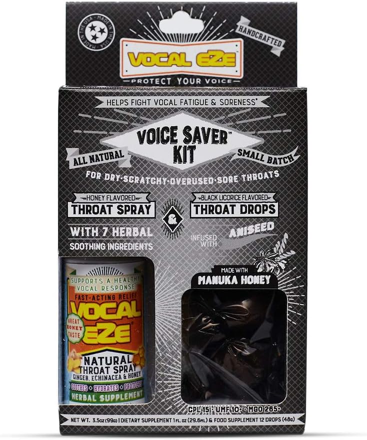 Vocal Eze Voice Savers Kit, 包括Vocal Herbal Throat Spray (1)和(12) Manuka Honey Drops | relieve Sore, Hoarse, Fatigue, 喉咙干燥 |支持,天然成份(Aniseed)