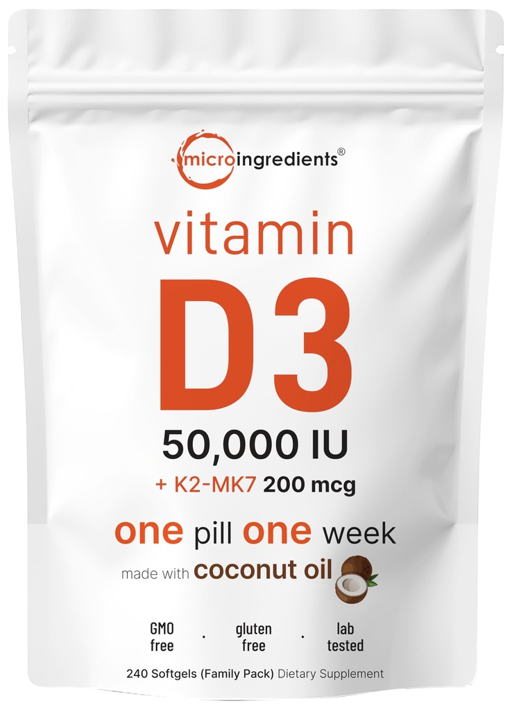 微成份 维生素 D3 50 000 IU + K2 MK-7 200 mcg, 240 Softgels → Virgin Coconut Oil → 2-in-1 Bone, Immune & Heart Supports → 容易吞咽, Non-GMO