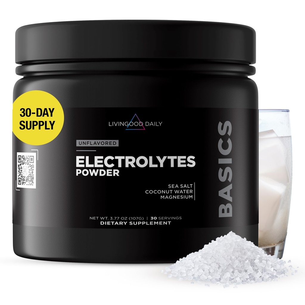 Livingood Daily Electrolytes Powder, Electrolytes Hydrition Powder with Magensium, Potassium, 海盐和椰水糖 无电解 饮用米克斯, Keto, Gluten Free, Unforward, 30 services.