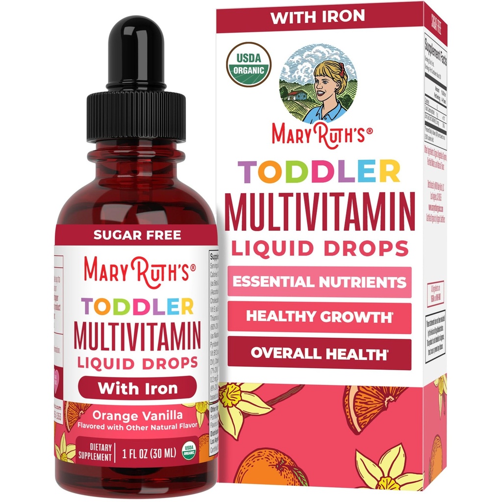 玛丽·鲁斯组织 Cocomelon Toddler Kids 配有铁的多维他命支持 托德勒维他命 USDA有机 免糖的多维他命液滴 儿童年龄的多维他命 1-3 + Vegan 1 Fl Oz