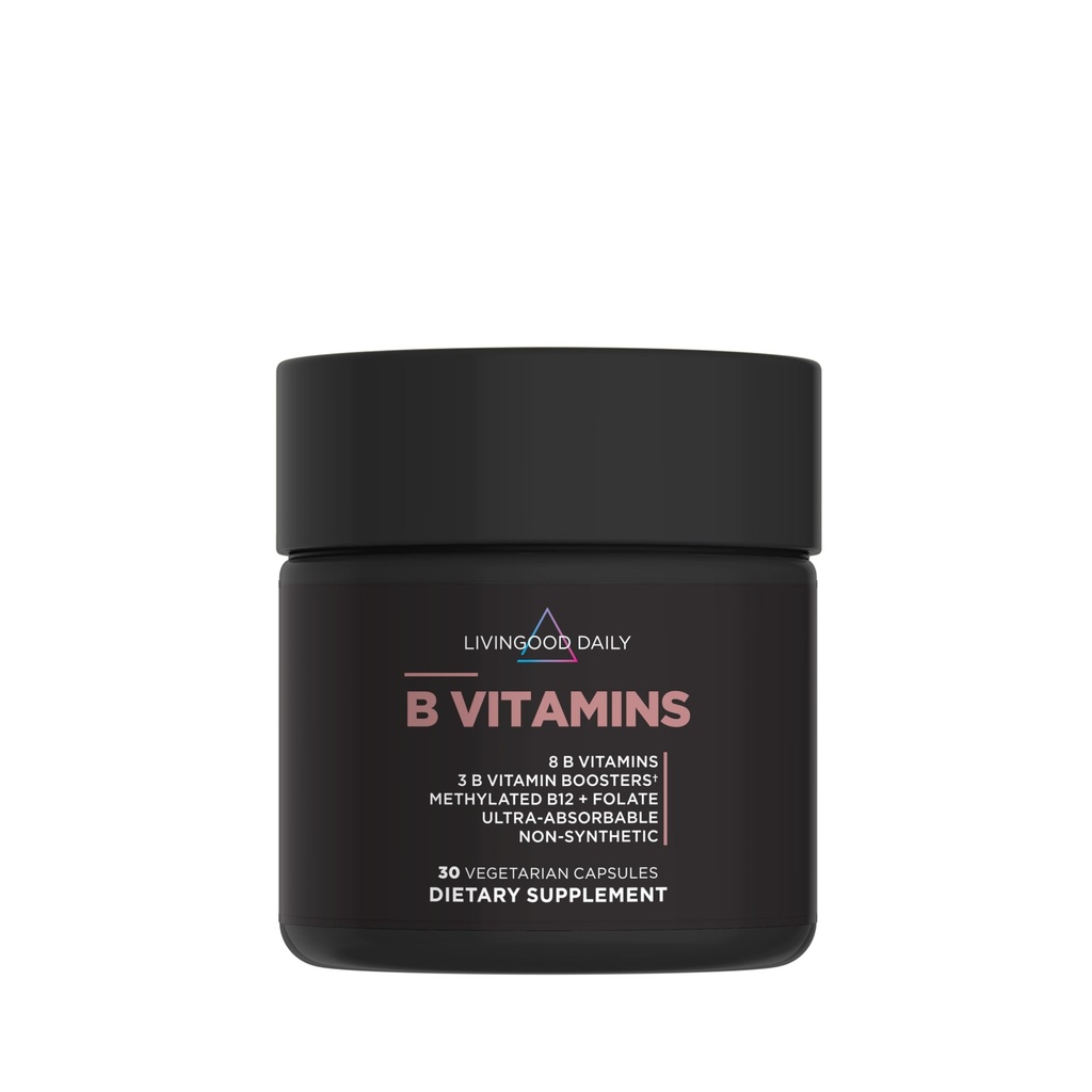 Livingood Daily Vitamin B 混血蛋白为男女配料,甲基化B12 & Folate,11种活性形态,包括B1 B2 B3 B5 B6 & Biotin,Gluten Free,Vegan B Vitamin for Hair Skin Nails,30 Capsules